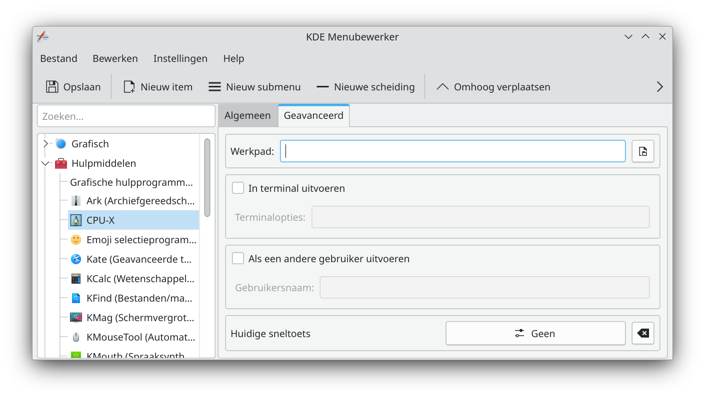 Kde Menubewerker Geavanceerd